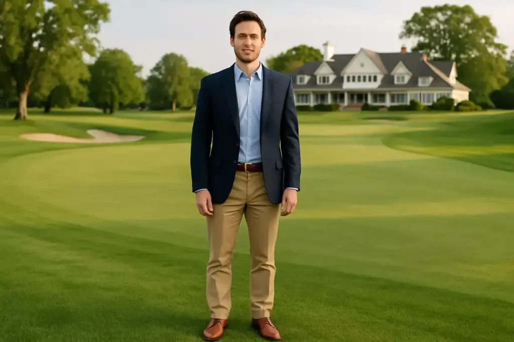 A man in a blazer and khakis stands on a golf course with a large house in the background.