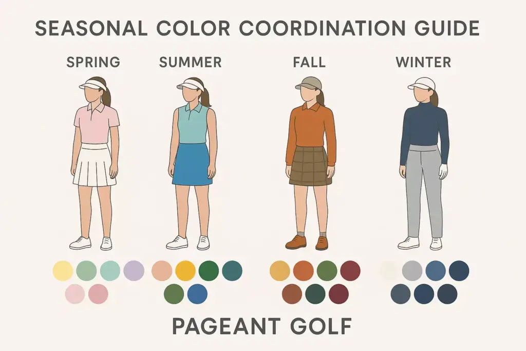 Four female golfers show seasonal outfits and color palettes for spring, summer, fall, and winter.