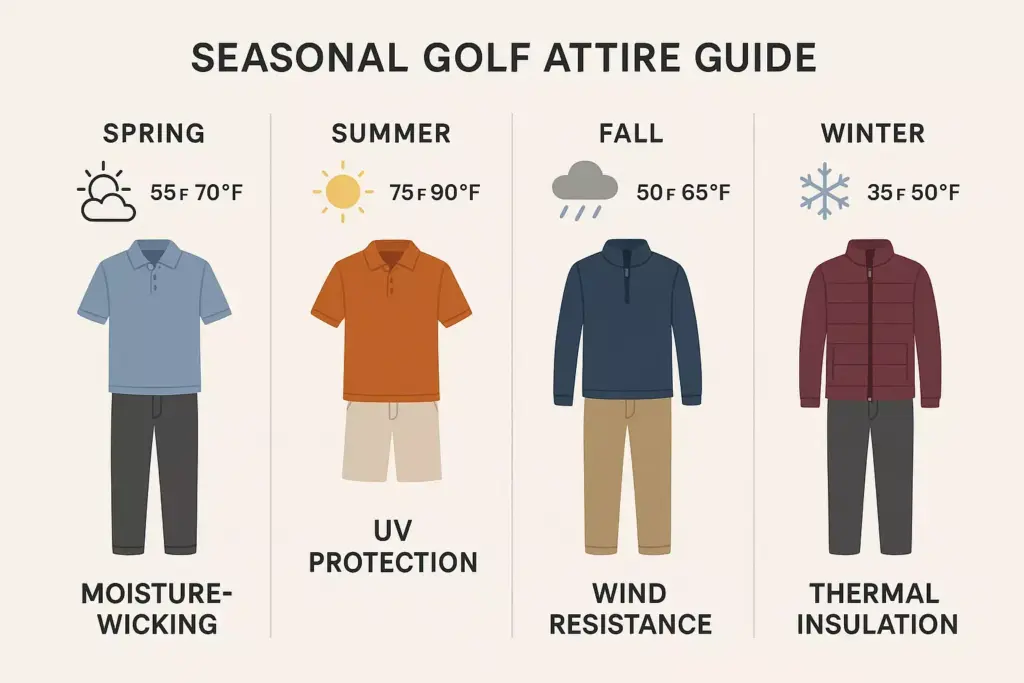 Seasonal golf attire guide showing outfits for spring, summer, fall, and winter with weather icons.