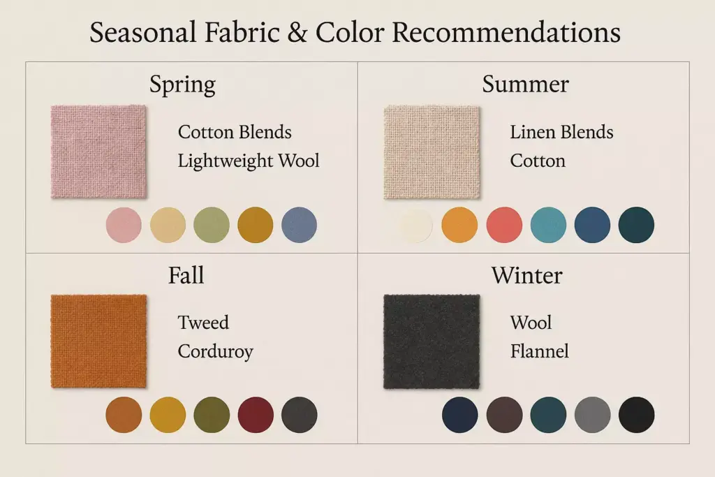 A chart of seasonal fabric and color recommendations with fabric swatches and color palettes for each season.