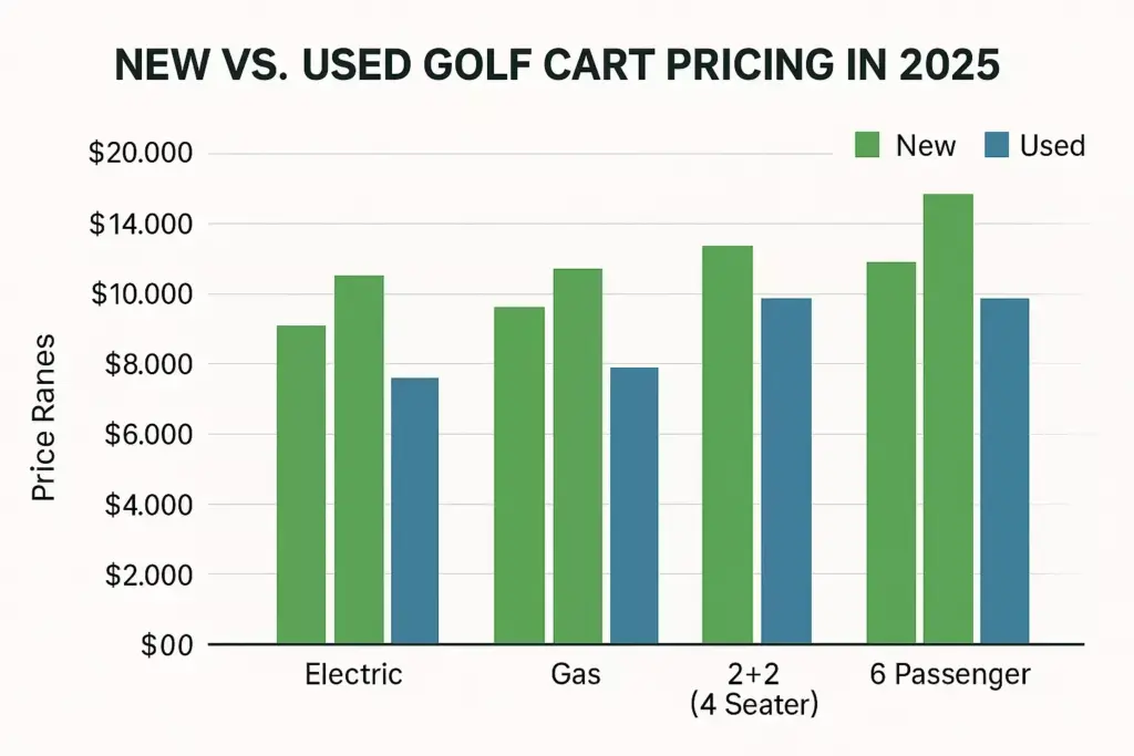 Bar chart comparing new vs. used 2025 golf cart prices by type: electric, gas, 2+2, and 6 passenger.