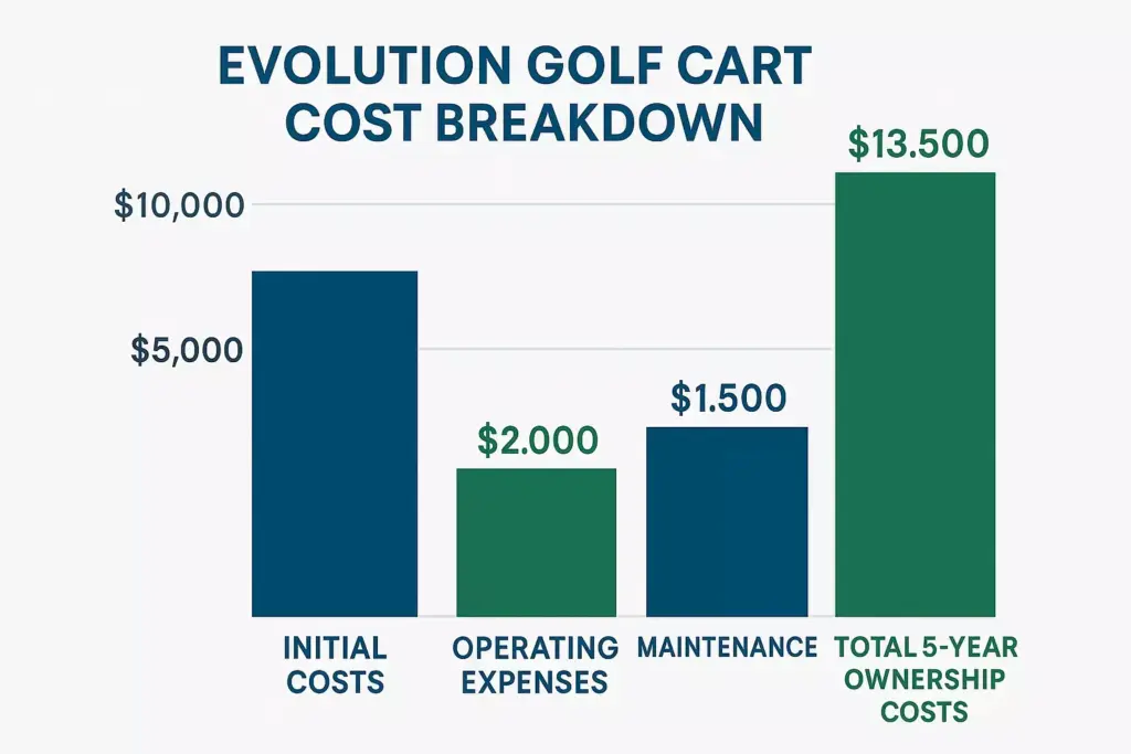 Bar chart showing golf cart costs: Initial $5,000, Operating $2,000, Maintenance $1,500, Total 5-year $13,500.