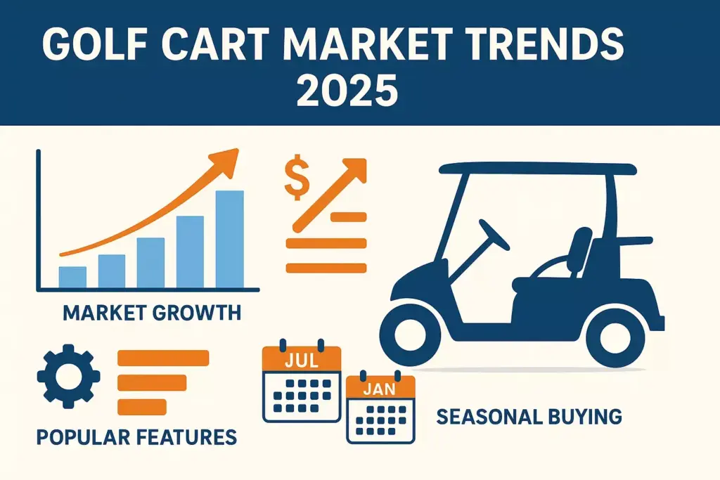Infographic showing golf cart market trends for 2025 with charts and icons for growth, features, and seasonal buying.