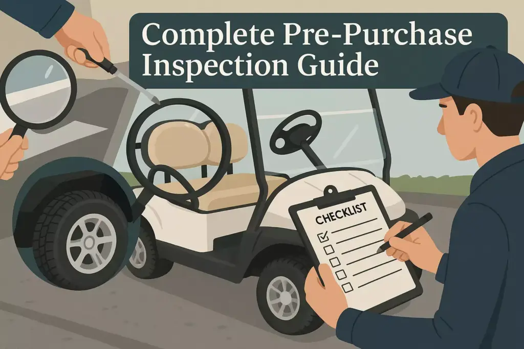 Illustration of a mechanic inspecting a golf cart with a checklist; text reads Complete Pre-Purchase Inspection Guide.