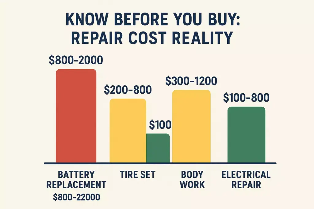 Bar chart showing repair cost ranges for battery, tire, body work, and electrical repairs in vehicles.