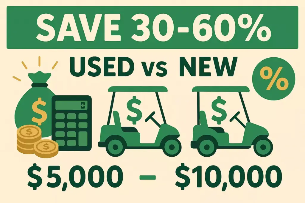 Infographic comparing used vs new golf carts, showing savings of 30-60% and prices from $5,000 to $10,000.
