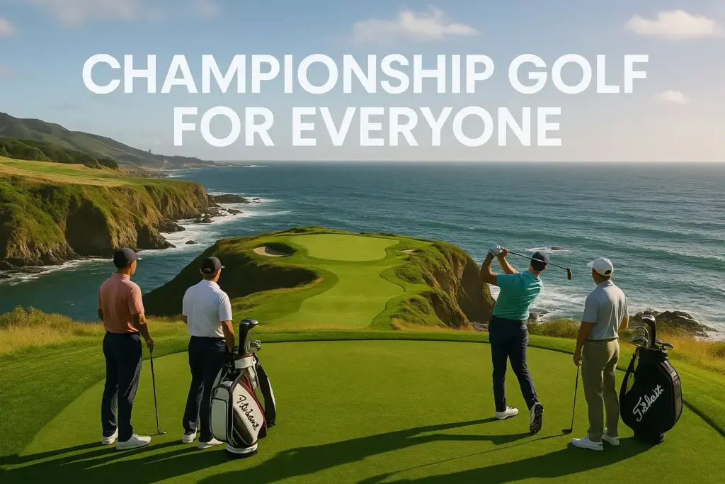 Four golfers stand on a scenic coastal course with Championship Golf For Everyone text above them.