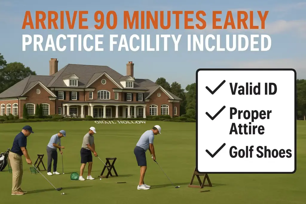 Four golfers practice on a green in front of a large clubhouse; checklist includes ID, attire, and golf shoes.