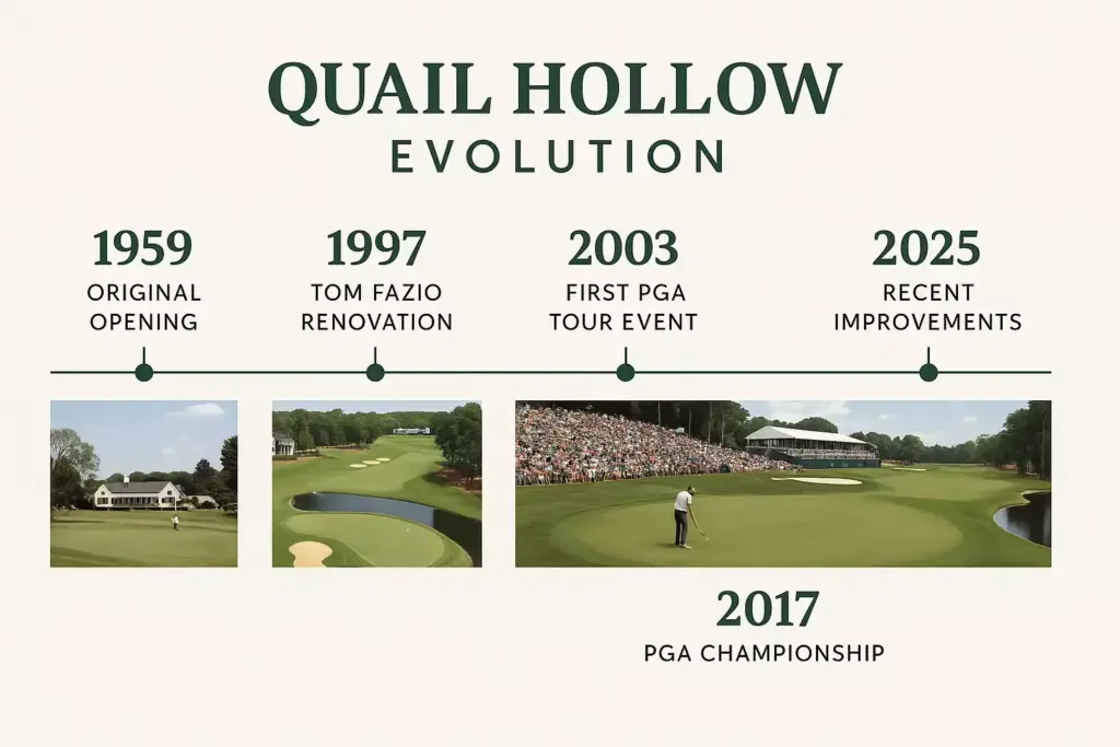 Timeline of Quail Hollows evolution with key years, events, and golf course images from 1959 to 2025.