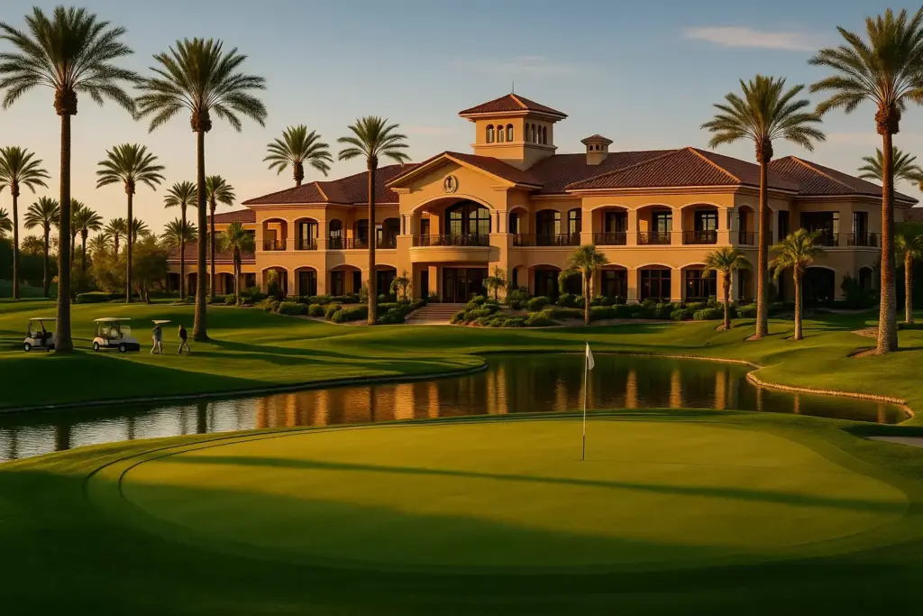 Large clubhouse with palm trees overlooks a golf green and small pond at sunset with golf carts nearby.