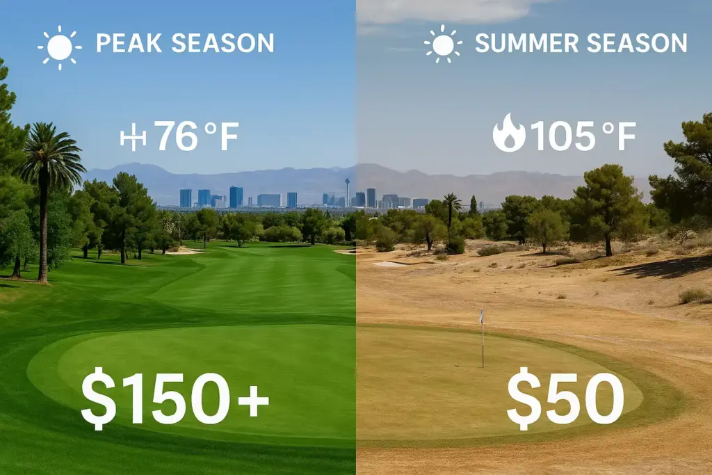 Split golf course: left lush and green in peak season ($150+, 76°F), right dry in summer ($50, 105°F).
