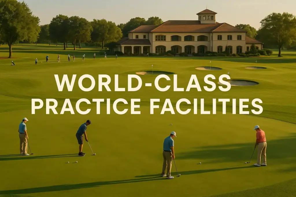 Golfers practice putting on a green in front of a large clubhouse with text: World-Class Practice Facilities.