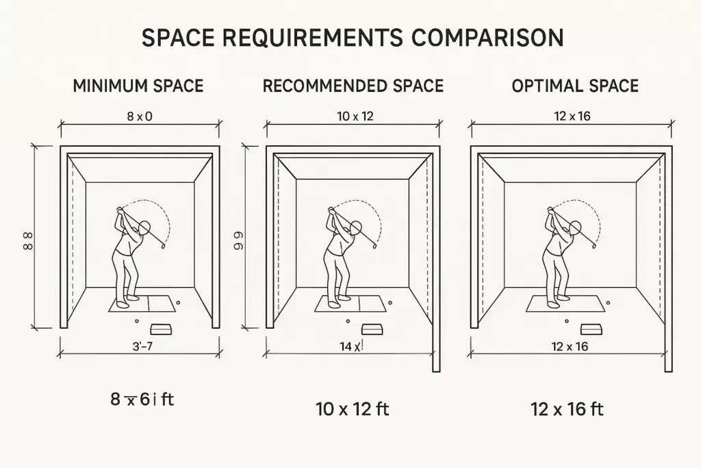 Three diagrams compare minimum, recommended, and optimal indoor golf simulator space requirements.