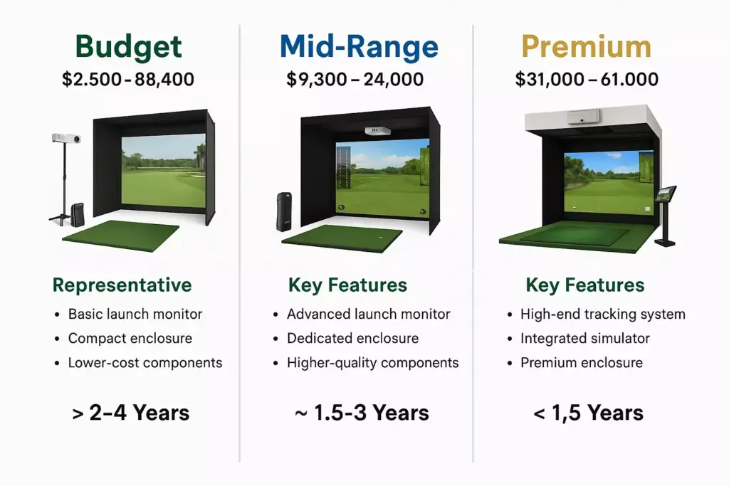 Comparison chart of budget, mid-range, and premium golf simulators with key features, price, and lifespan.