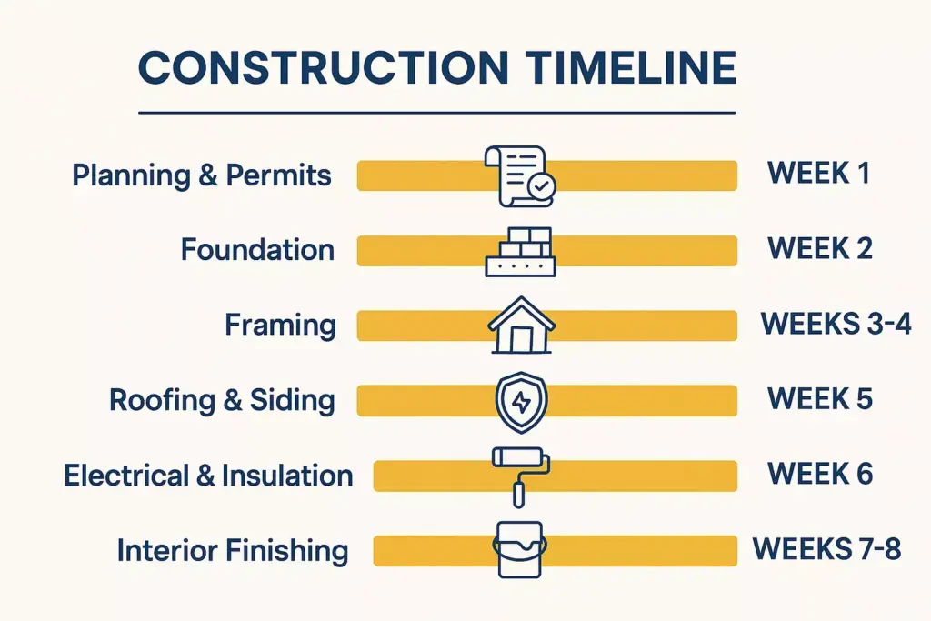 Construction timeline: planning, foundation, framing, roofing, electrical, finishing; weeks 1-8 shown with icons.