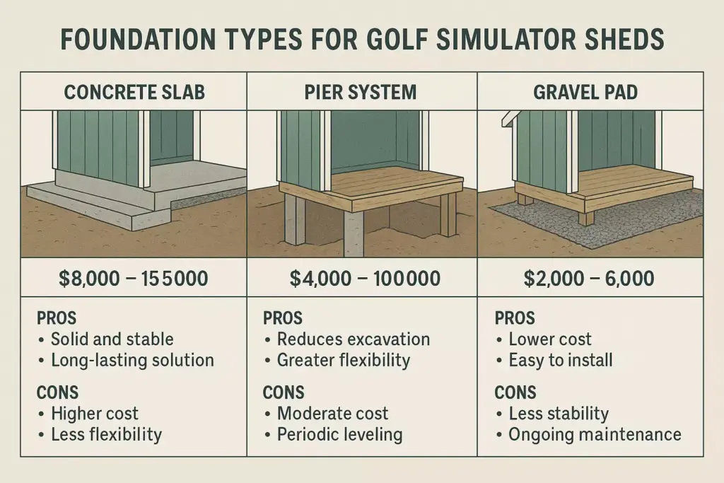 Three types of golf simulator shed foundations: concrete slab, pier system, and gravel pad, with pros, cons, and costs.