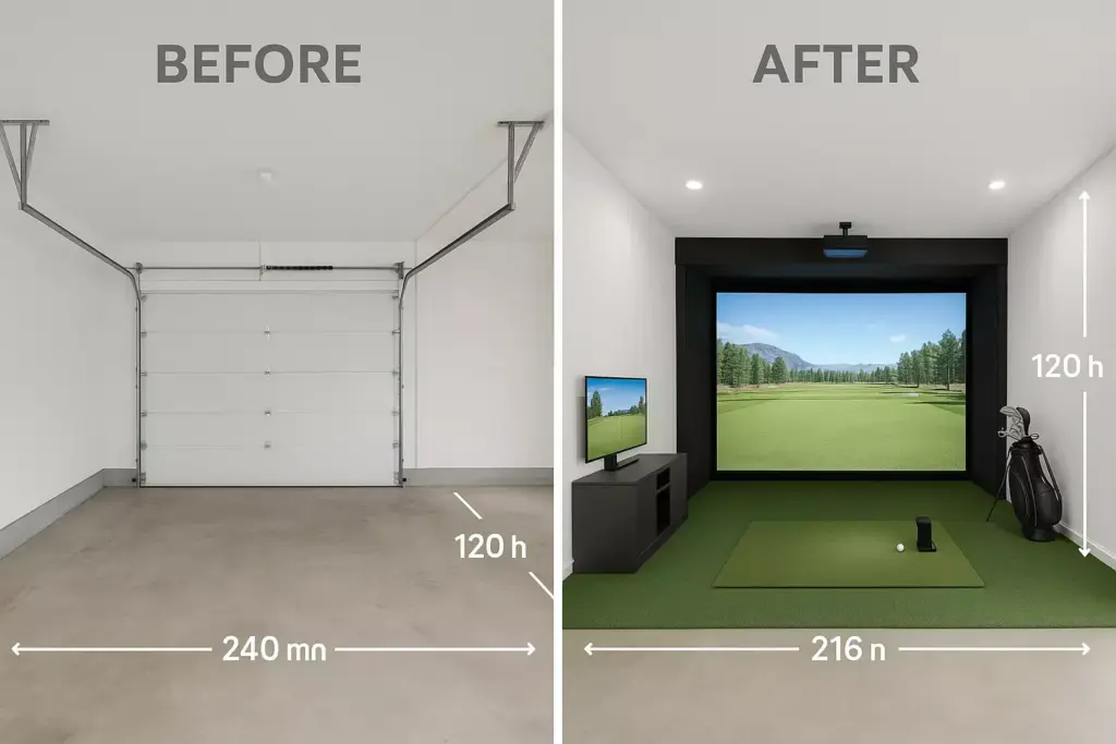 Before: empty garage. After: home golf simulator setup with screen, mat, clubs. Room dimensions labeled.