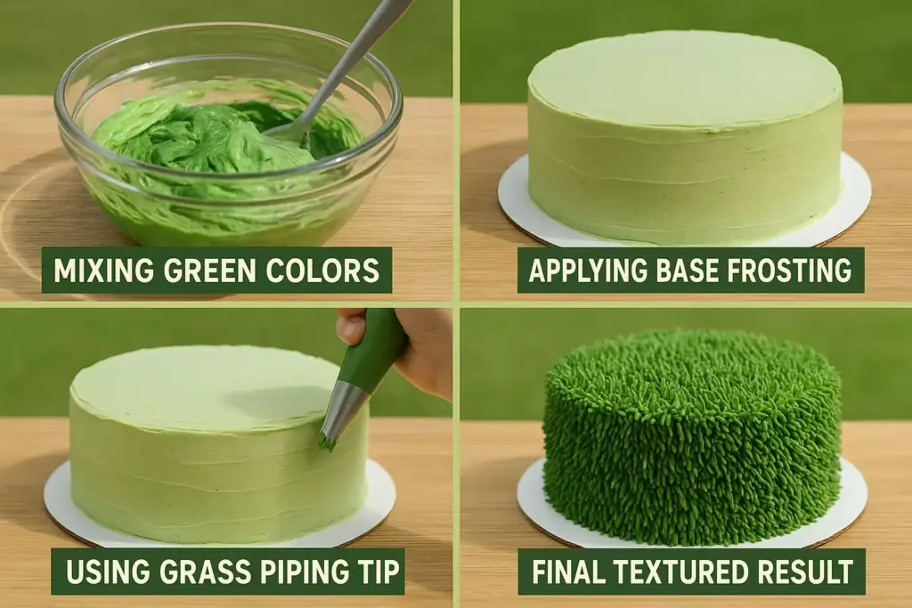 Four-step process of decorating a cake with green frosting to create a realistic grass effect.
