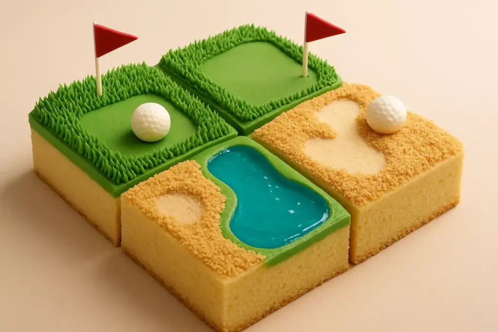 Four square cakes decorated as golf course sections, with flags, golf balls, sand, grass, and a water hazard.