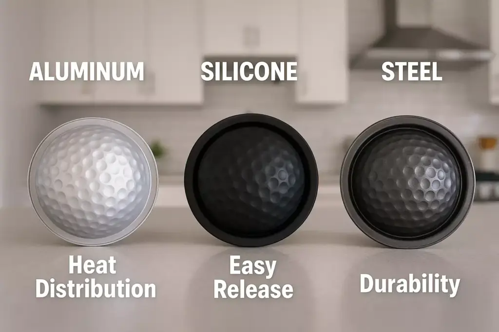 Three muffin pans made of aluminum, silicone, and steel, labeled by their key qualities on a kitchen counter.