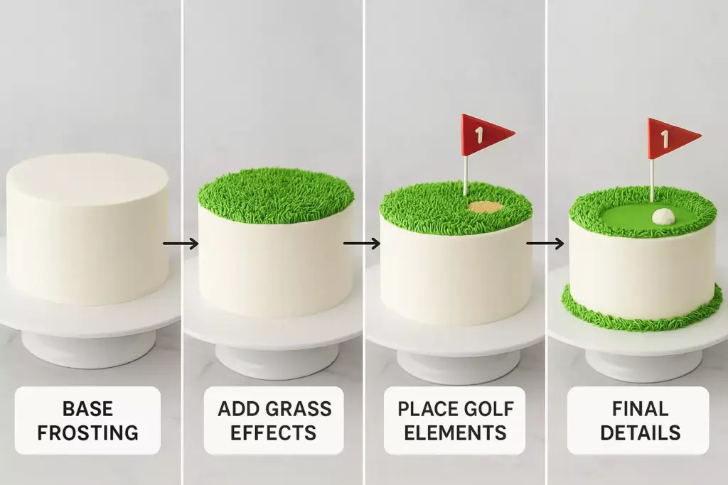 Step-by-step decorating a golf-themed cake: base frosting, grass, golf details, and final touches.