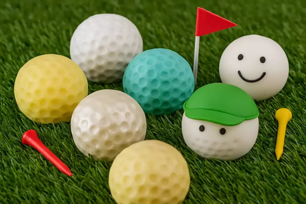 Colorful golf balls, two with faces and hats, on grass with tees and a small red flag.