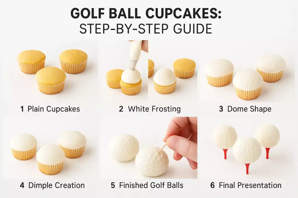 Step-by-step guide showing how to make cupcakes that look like golf balls, from plain to finished on tees.