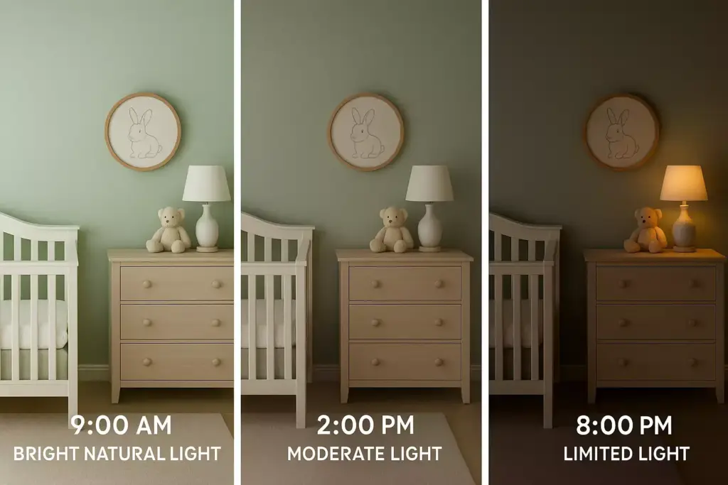 Three nursery room scenes show lighting at 9am (bright), 2pm (moderate), and 8pm (dim).