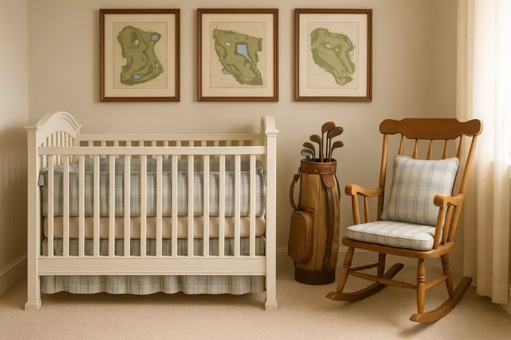 White crib, golf-themed art, golf bag, and wooden rocking chair with plaid cushion in a softly lit nursery.