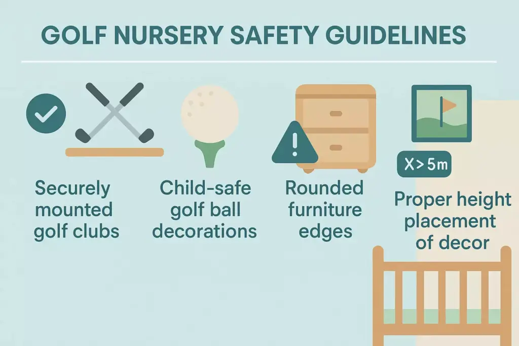 Golf nursery safety tips: secure clubs, child-safe balls, rounded edges, and decor over 5 ft from crib.