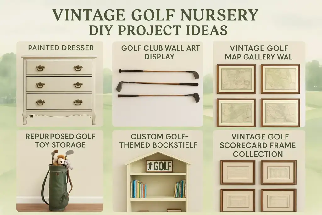 A collage shows six vintage golf-themed nursery DIY project ideas, including decor and storage solutions.