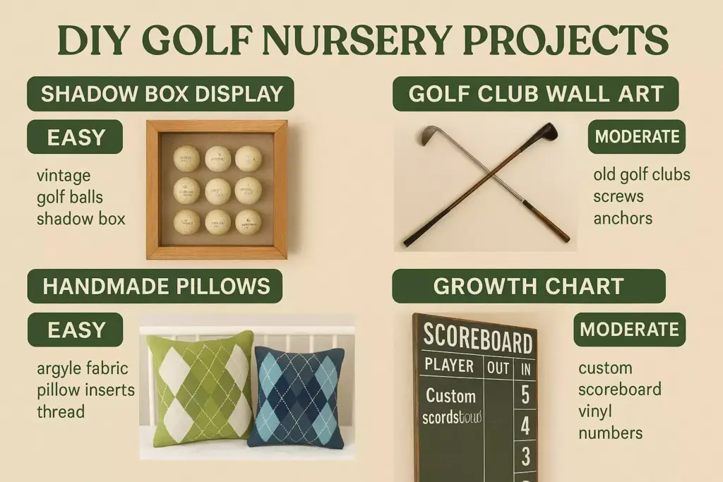 Infographic of four DIY golf nursery projects, including shadow box, wall art, pillows, and a scoreboard growth chart.