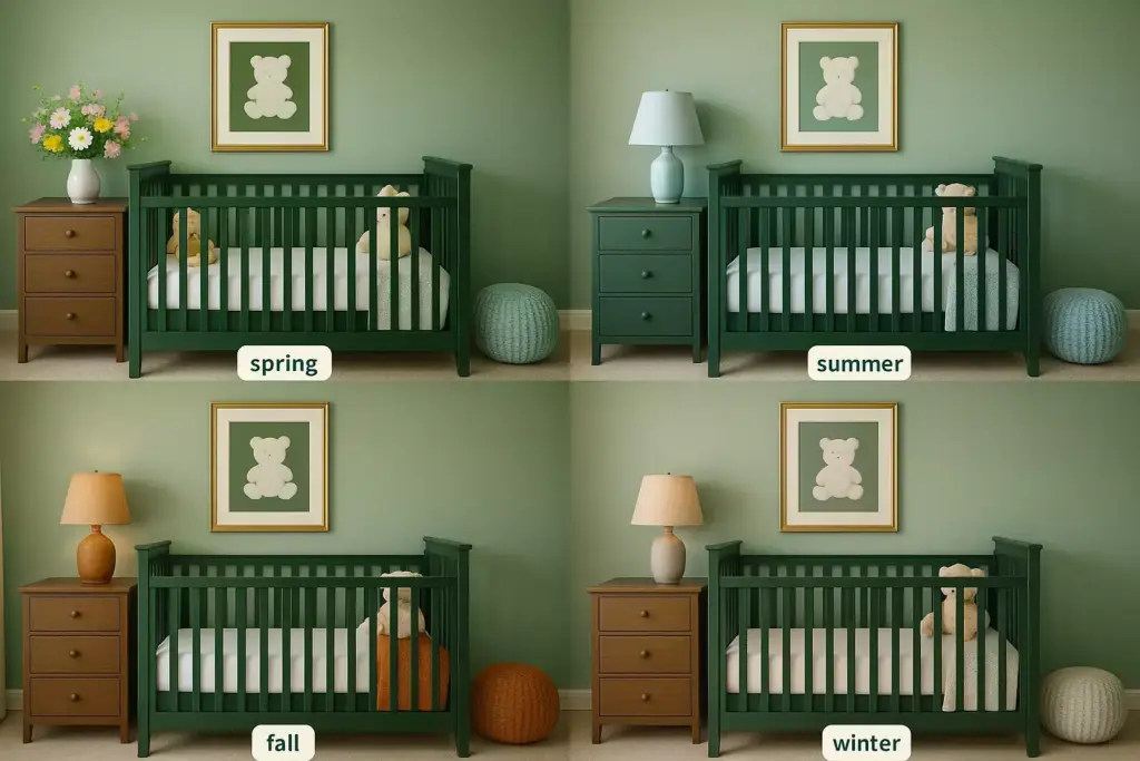 Four nursery room scenes with a crib, each styled differently to represent spring, summer, fall, and winter.
