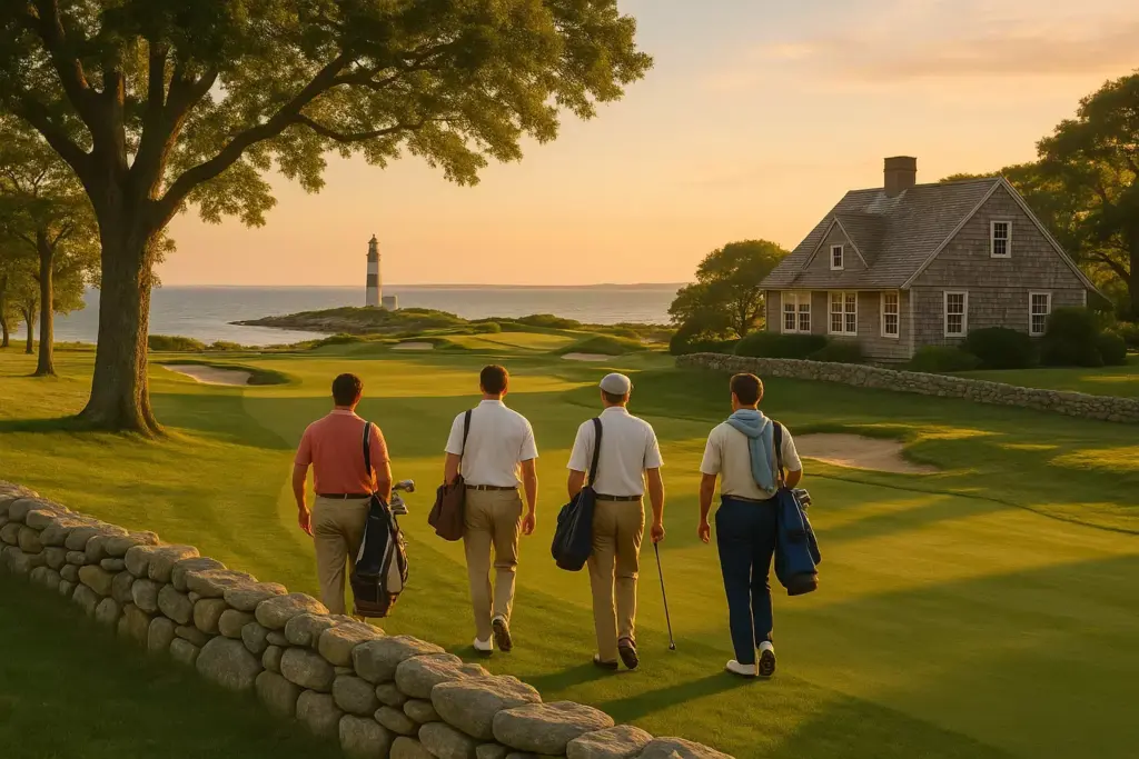Four golfers walk along a scenic course at sunset, with a lighthouse and cottage in the background.