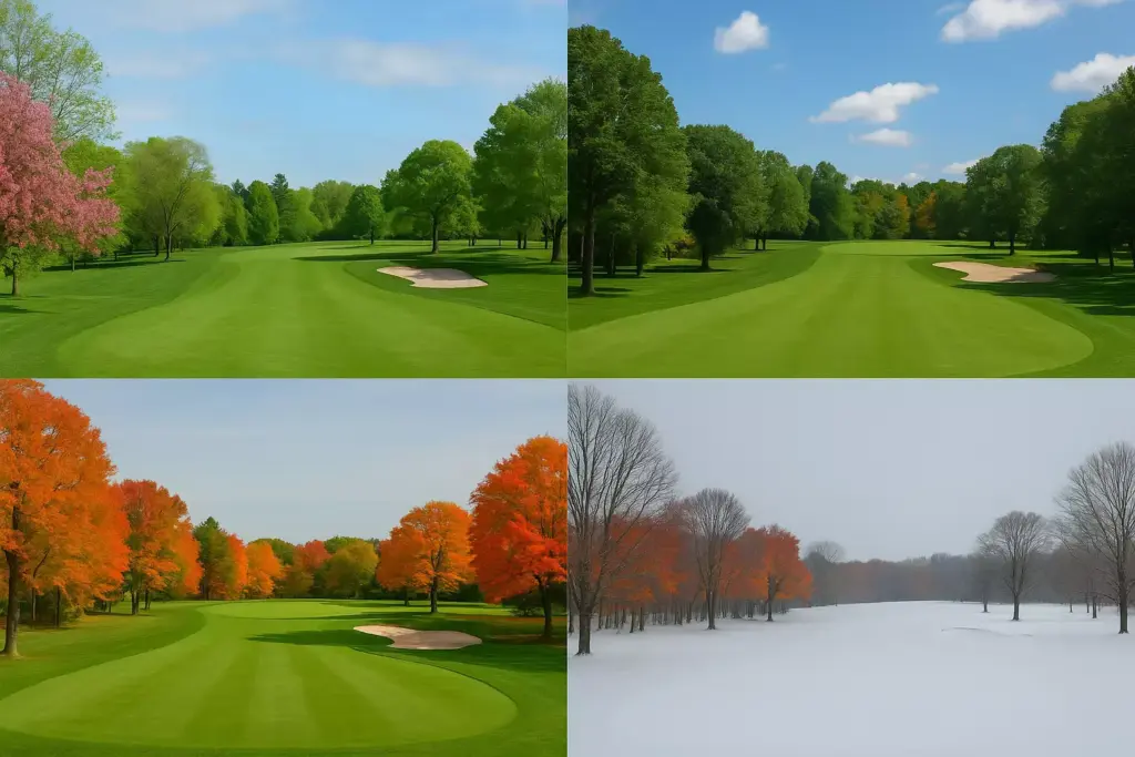 Four views of a golf course, each showing a different season: spring, summer, autumn, and winter.