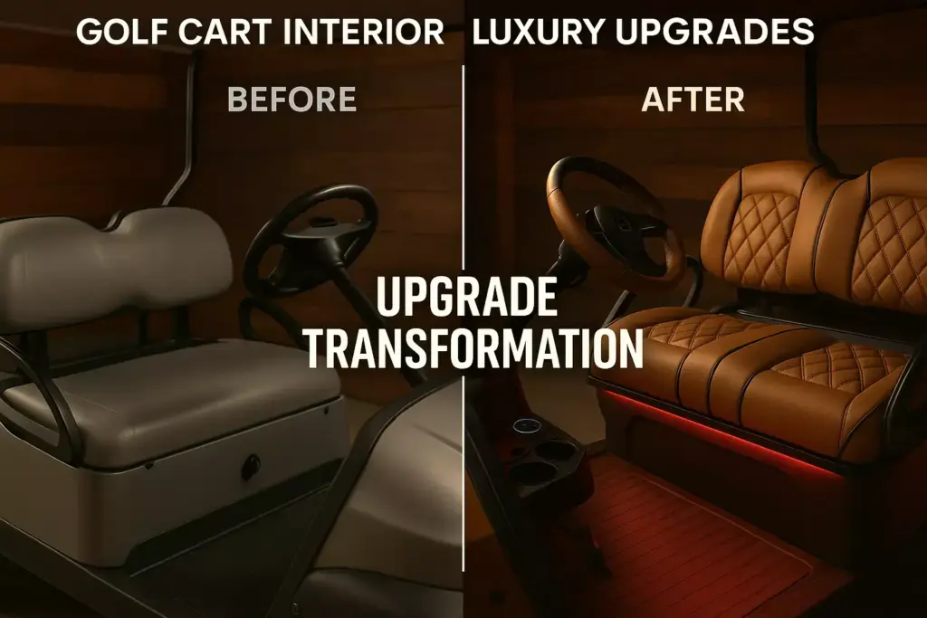 Split image shows a plain golf cart seat before and a quilted luxury seat with lighting after upgrade.