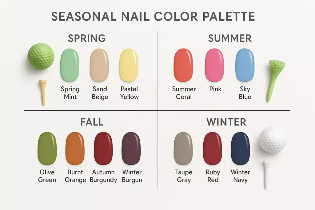 Seasonal nail color palette with polish shades for spring, summer, fall, and winter, plus matching golf tees or balls.