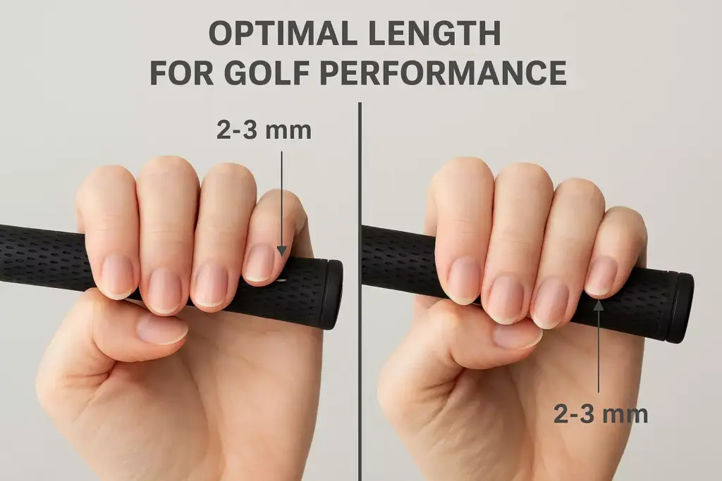 Two hands grip a golf club; both show a 2-3 mm gap between fingertips and palm for optimal golf performance.