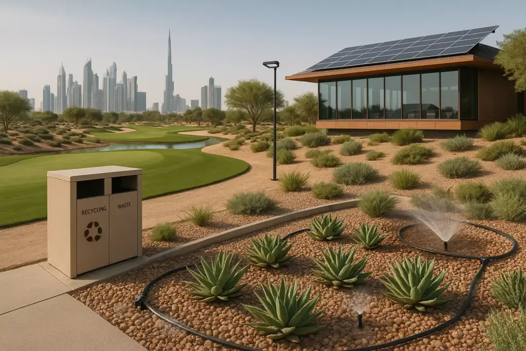 A modern golf course with desert landscaping, solar panels, recycling bins, and a city skyline in the background.