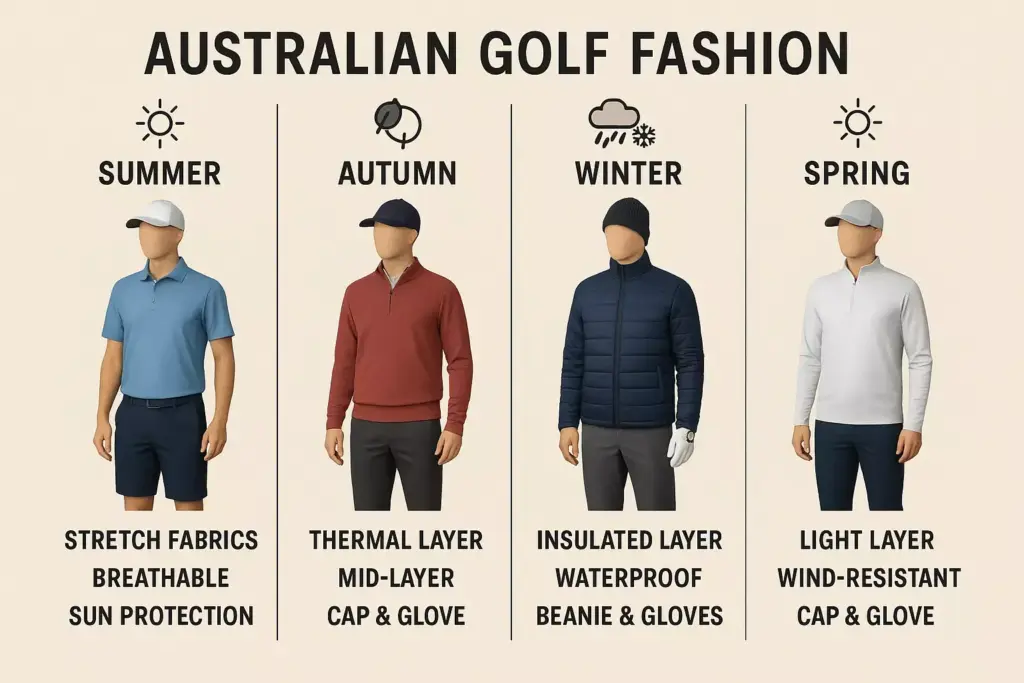 Four mannequins show Australian golf outfits for each season, labeled with clothing features and weather icons.