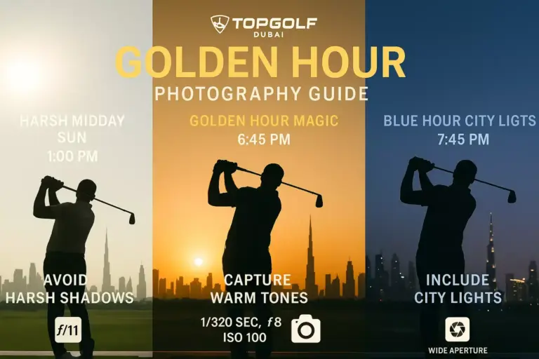 Silhouettes of golfers at midday, golden hour, and blue hour with photography tips and Dubai skyline in background.