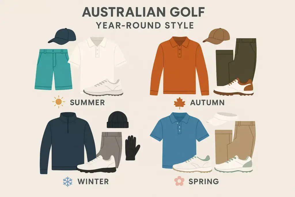 Illustration of Australian golf outfits for each season, with clothing and shoes for summer, autumn, winter, and spring.