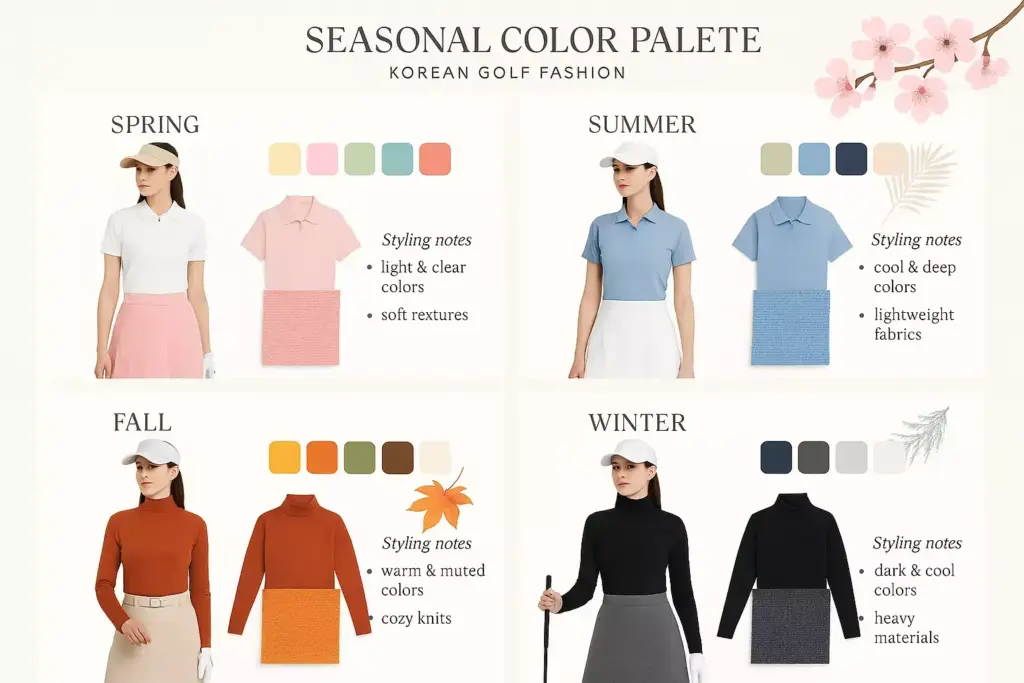 Korean golf fashion seasonal color palette with models in spring, summer, fall, and winter outfits and color swatches.