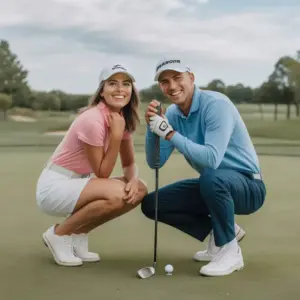 Two golfers squatting on a green, smiling at the camera with a golf ball and club between them.