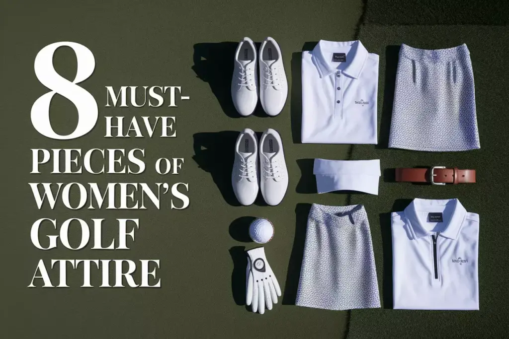 Essential Womens Golf Wardrobe Flat Lay On Putting Green With Typography Space