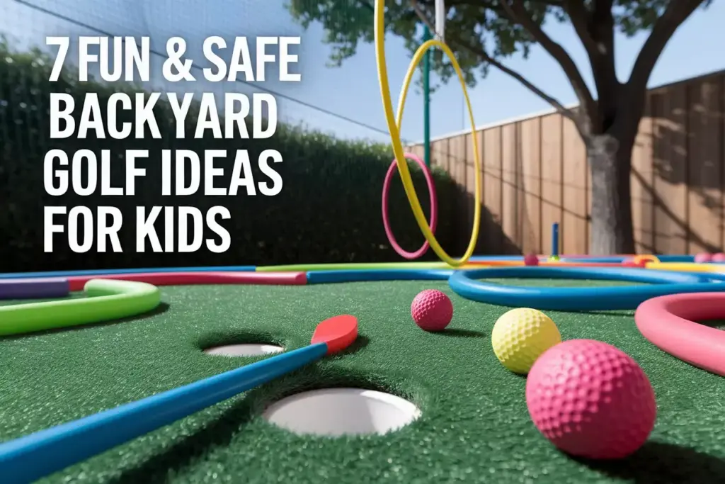 A Childs Backyard Golf Wonderland With Colorful Toys And Safety Gear Under A Sunny Sky