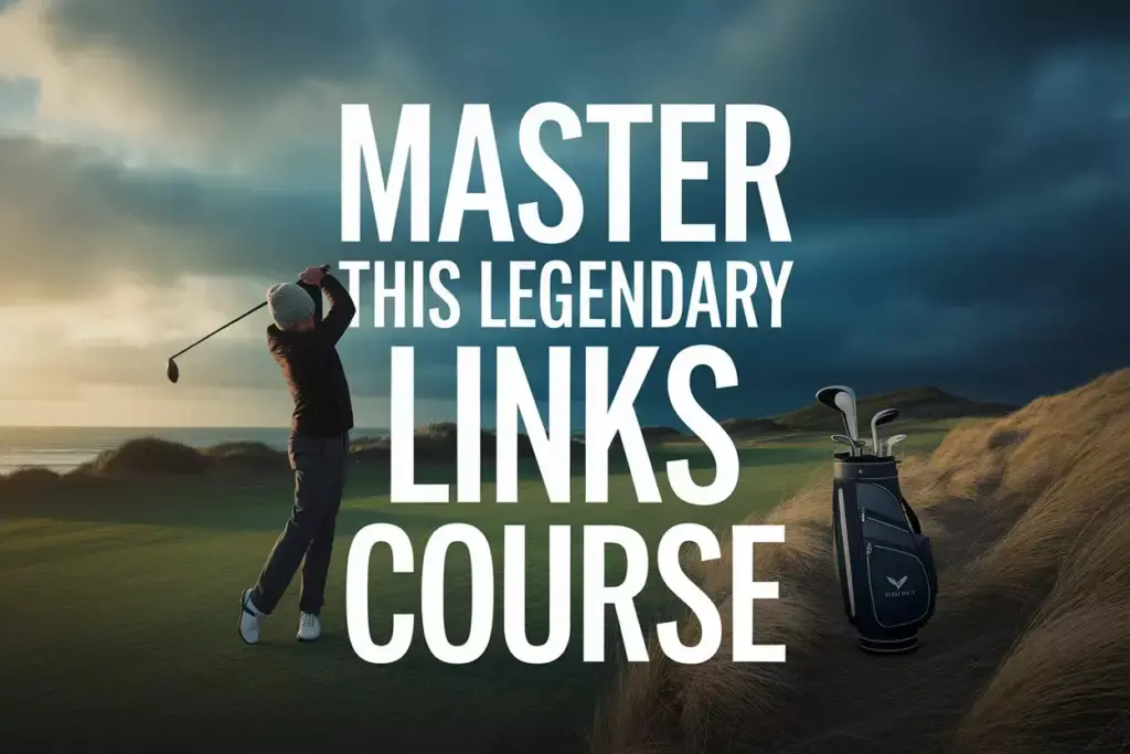 A lone golfer battling wind on a dramatic coastal links course