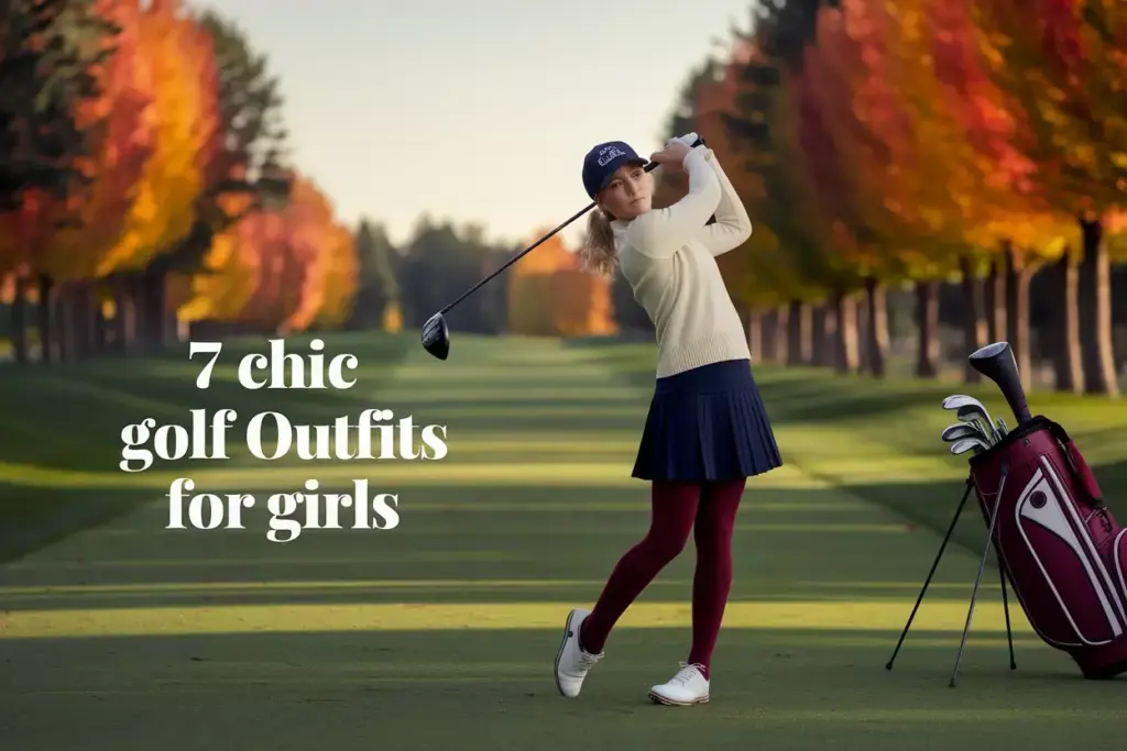 A Stylish Female Golfer In Autumn Attire On A Fairway With Fall Foliage