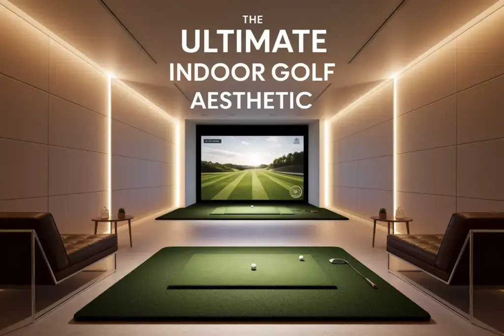 A Symmetrical Luxury Indoor Golf Simulator Room With Hitting Mat Screen Modern Furniture And Warm Layered Lighting