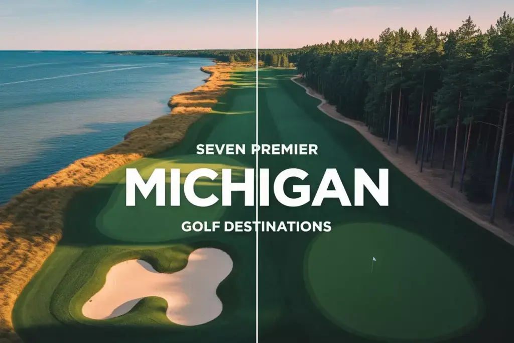 Aerial Split View Of Coastal And Forest Golf Holes In Michigan